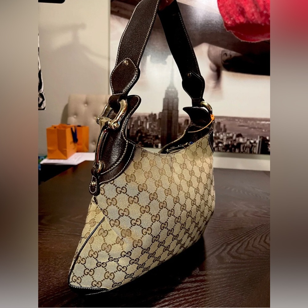 GUCCI GG Monogram Canvas Leather Horsebit Classic Hobo Shoulder Bag